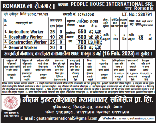 Job Vacancy in Romania for Nepali 2023